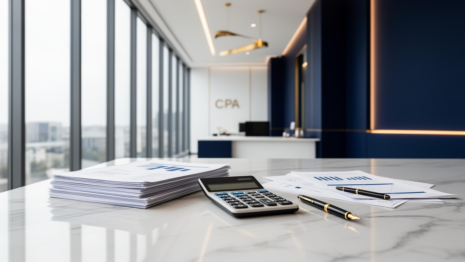 Modern CPA firm office with financial documents and calculator